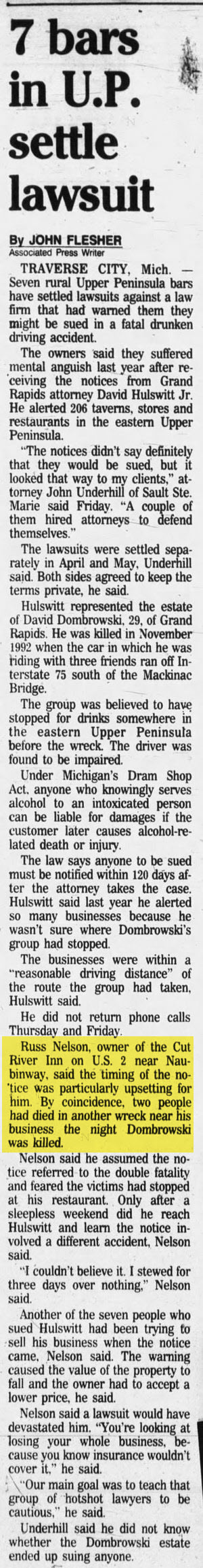 Cut River Inn (Fishers Bar and Restaurant, Callihans) - Jul 16 1994 Article